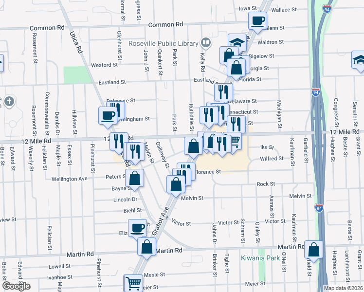 map of restaurants, bars, coffee shops, grocery stores, and more near 18456 Tranquil Street in Roseville