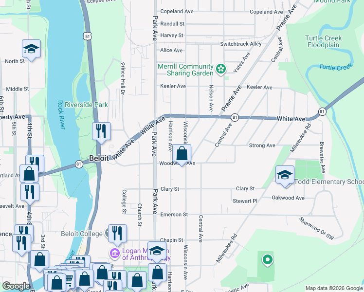 map of restaurants, bars, coffee shops, grocery stores, and more near 1033 Woodward Avenue in Beloit