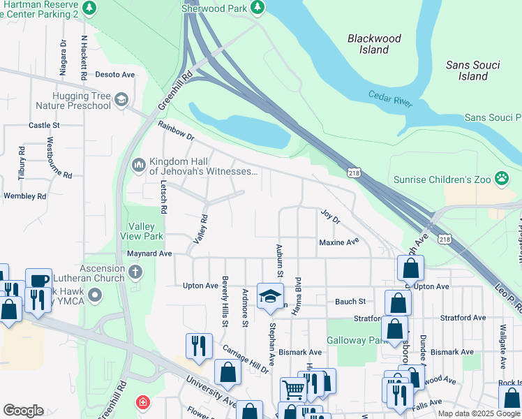 map of restaurants, bars, coffee shops, grocery stores, and more near 230 Auburn Street in Waterloo