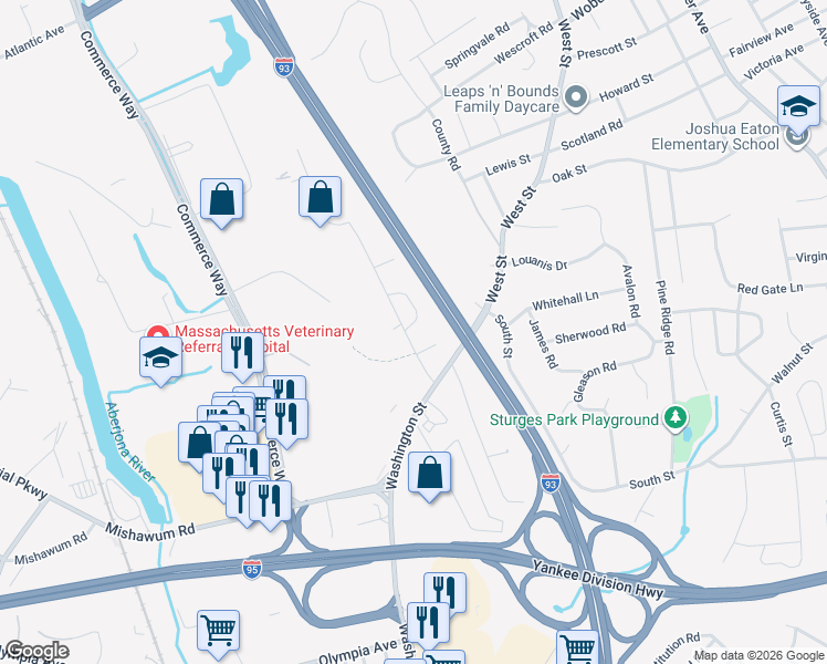 map of restaurants, bars, coffee shops, grocery stores, and more near 5 Dragon Court in Woburn