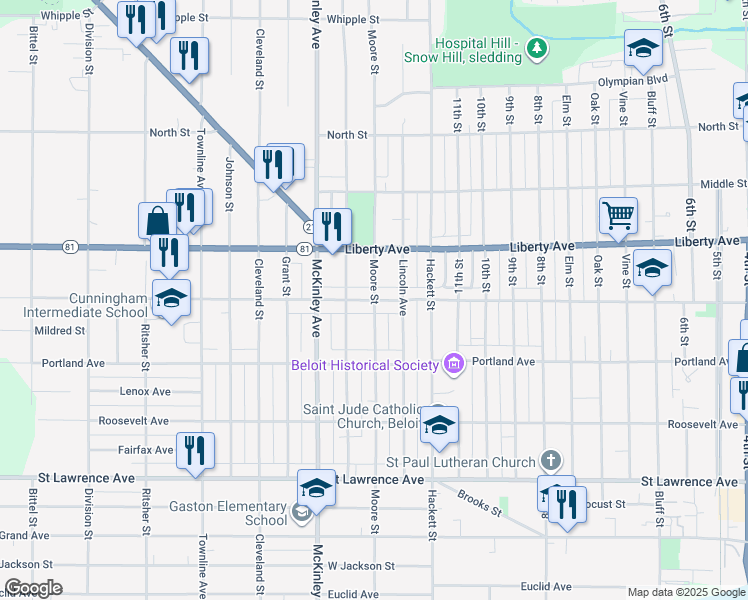 map of restaurants, bars, coffee shops, grocery stores, and more near Merrill Street in Beloit