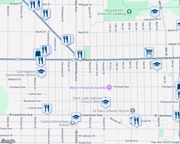 map of restaurants, bars, coffee shops, grocery stores, and more near Merrill Street in Beloit
