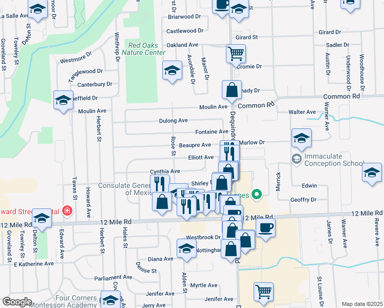 map of restaurants, bars, coffee shops, grocery stores, and more near 1565 Cynthia Avenue in Madison Heights
