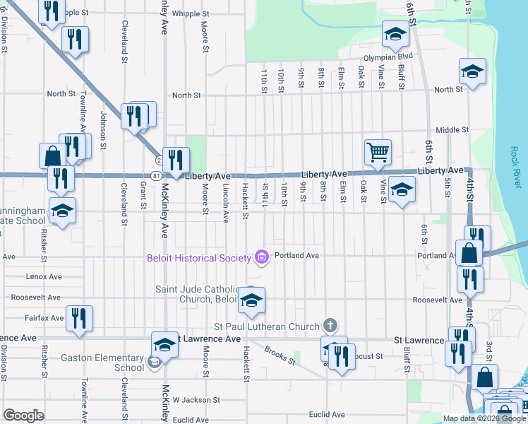 map of restaurants, bars, coffee shops, grocery stores, and more near 1000 11th Street in Beloit