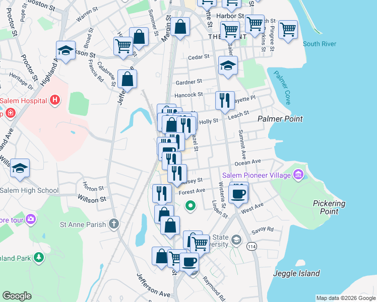 map of restaurants, bars, coffee shops, grocery stores, and more near 21 Laurel Street in Salem