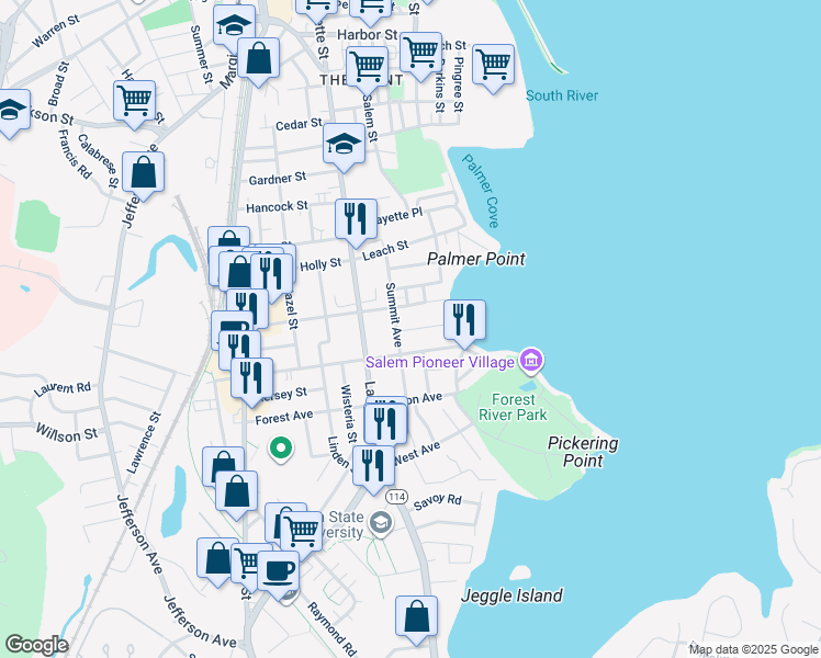 map of restaurants, bars, coffee shops, grocery stores, and more near 36 Ocean Avenue in Salem