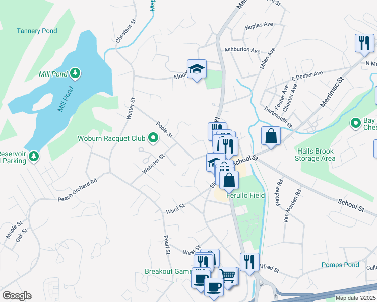 map of restaurants, bars, coffee shops, grocery stores, and more near 40 Webster Avenue in Woburn
