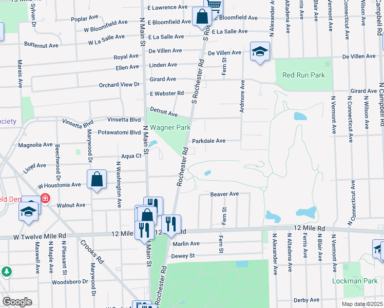 map of restaurants, bars, coffee shops, grocery stores, and more near 2203 Rochester Road in Royal Oak