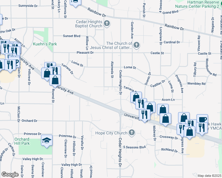 map of restaurants, bars, coffee shops, grocery stores, and more near 3301 Cedar Heights Drive in Cedar Falls
