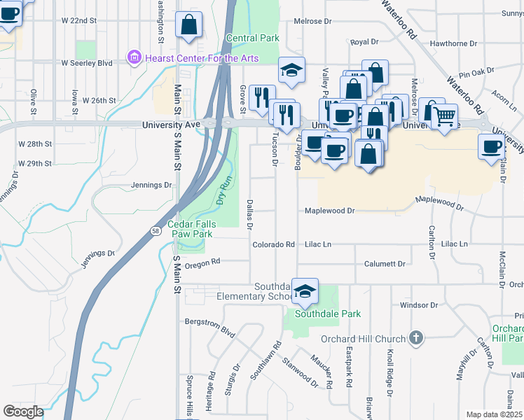 map of restaurants, bars, coffee shops, grocery stores, and more near 3305 Tucson Dr in Cedar Falls