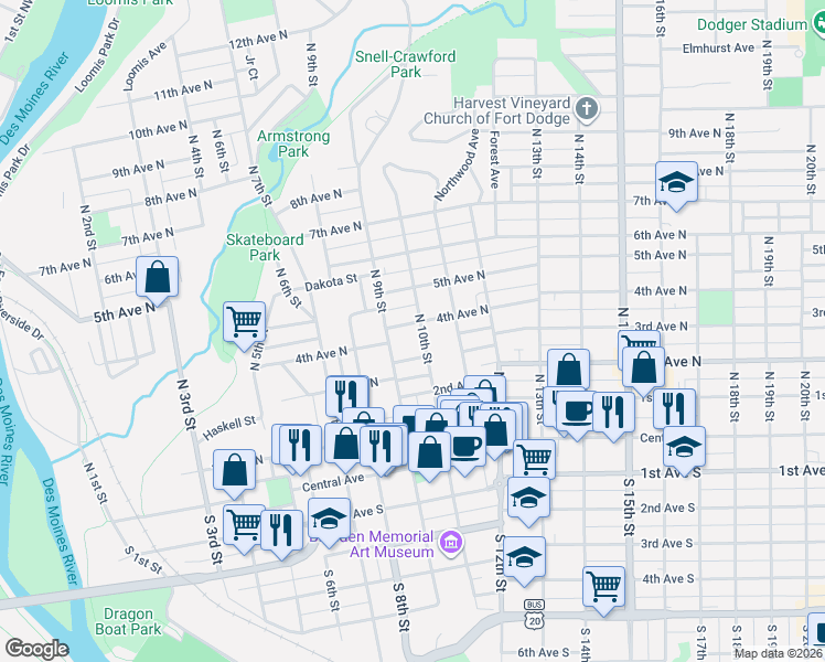 map of restaurants, bars, coffee shops, grocery stores, and more near 910 3rd Avenue North in Fort Dodge