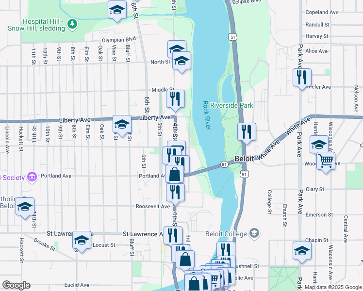 map of restaurants, bars, coffee shops, grocery stores, and more near 115 Merrill Avenue in Beloit
