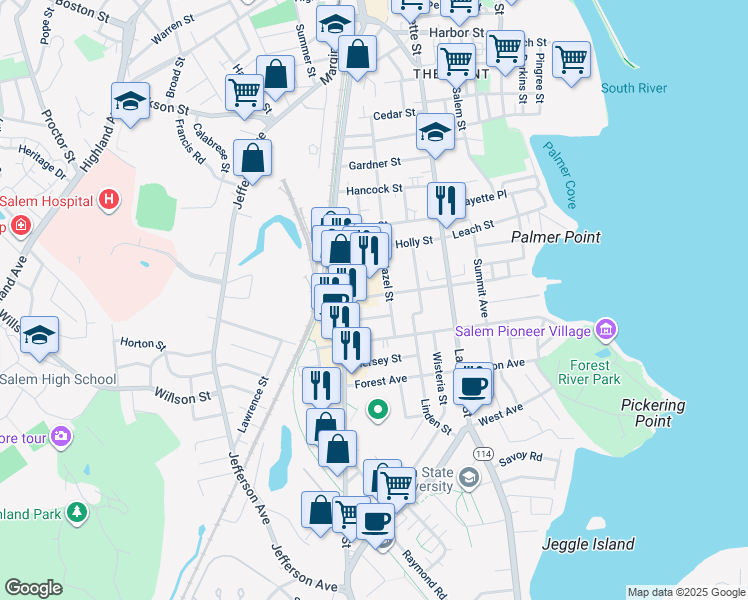 map of restaurants, bars, coffee shops, grocery stores, and more near 21 Laurel Street in Salem