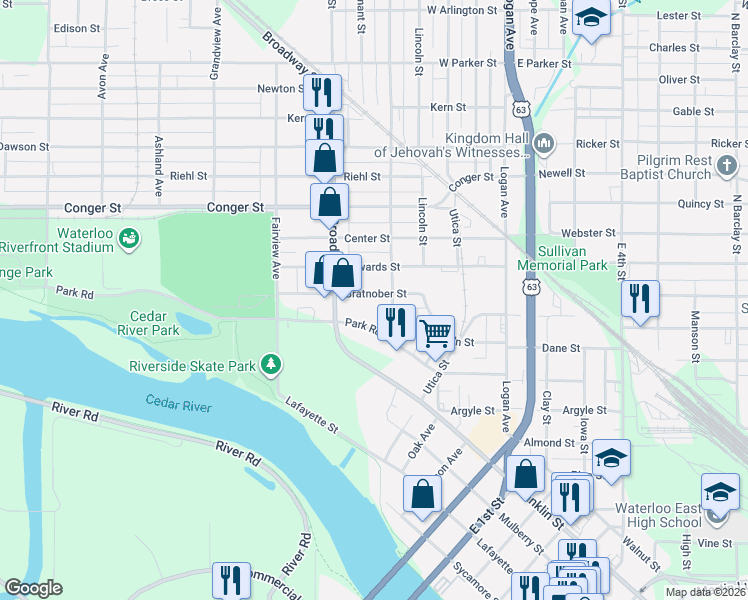 map of restaurants, bars, coffee shops, grocery stores, and more near 400-460 Park Rd in Waterloo