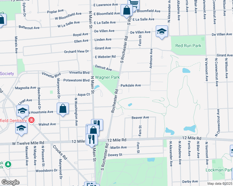 map of restaurants, bars, coffee shops, grocery stores, and more near 2310 Rochester Road North in Royal Oak