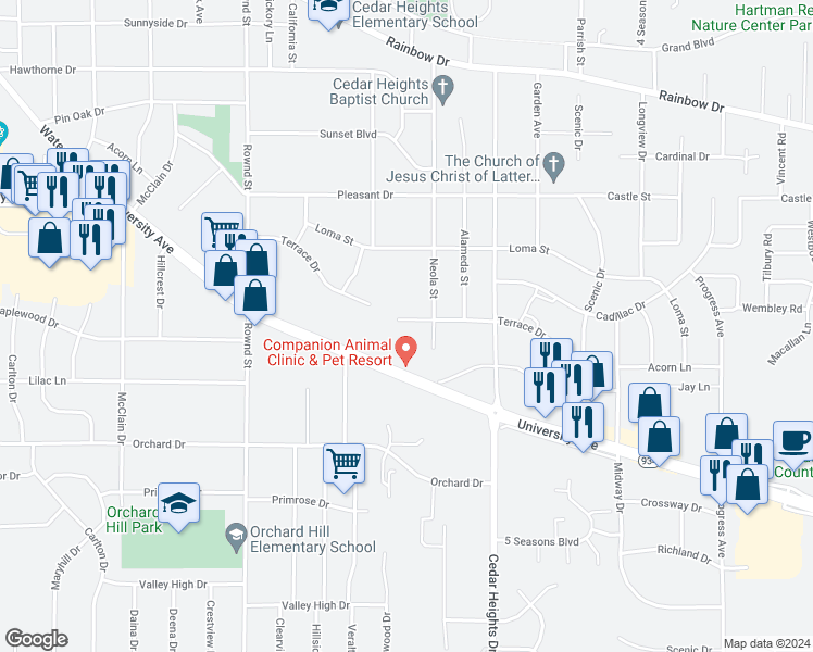 map of restaurants, bars, coffee shops, grocery stores, and more near 2607 Terrace Drive in Cedar Falls