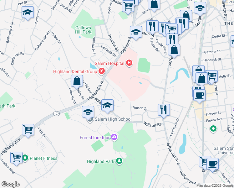 map of restaurants, bars, coffee shops, grocery stores, and more near 13 Greenway Road in Salem