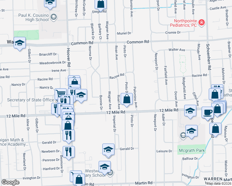 map of restaurants, bars, coffee shops, grocery stores, and more near 29330 Wagner Drive in Warren