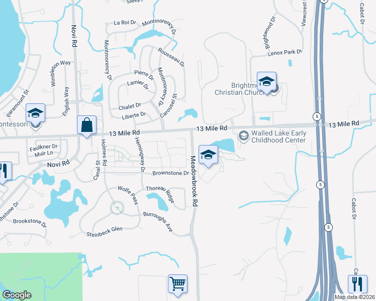 map of restaurants, bars, coffee shops, grocery stores, and more near 29420 Meadowbrook Road in Novi