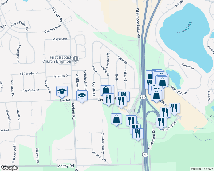 map of restaurants, bars, coffee shops, grocery stores, and more near 6363 Marcy Street in Brighton