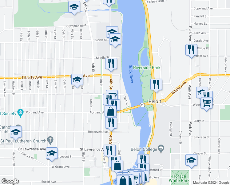 map of restaurants, bars, coffee shops, grocery stores, and more near 115 Merrill Avenue in Beloit