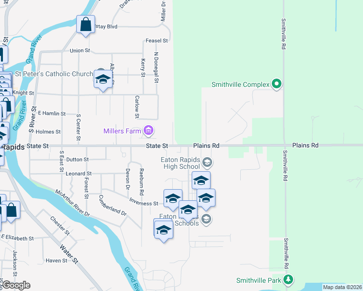 map of restaurants, bars, coffee shops, grocery stores, and more near 300 South Miller Drive in Eaton Rapids