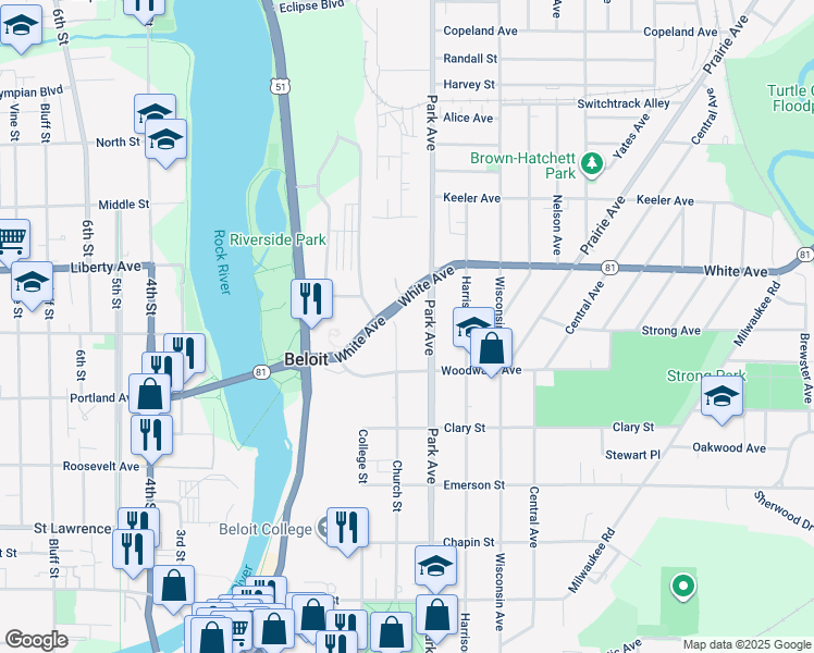 map of restaurants, bars, coffee shops, grocery stores, and more near 1111 Church Street in Beloit