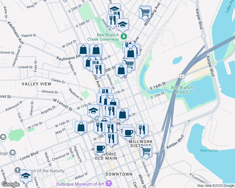 map of restaurants, bars, coffee shops, grocery stores, and more near 1795 Jackson Street in Dubuque