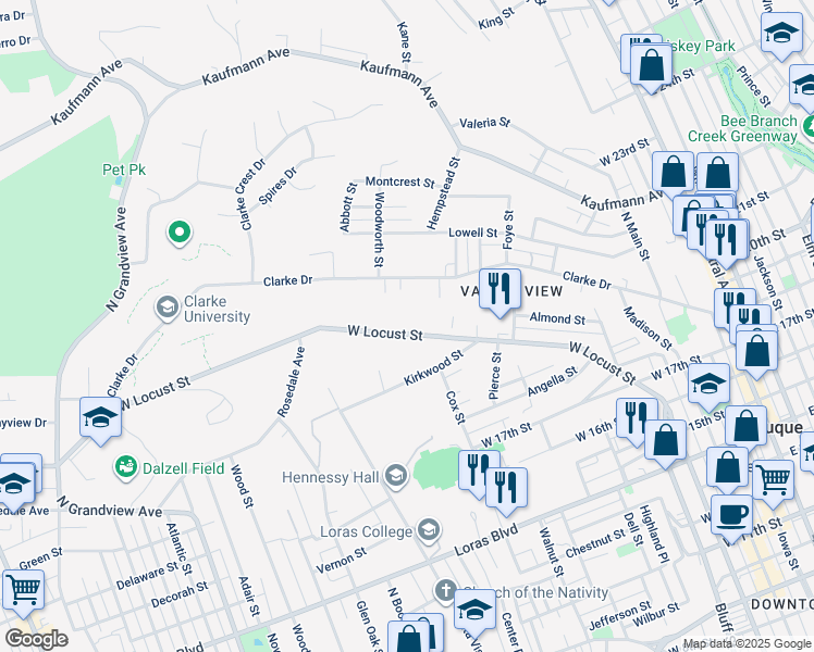 map of restaurants, bars, coffee shops, grocery stores, and more near 780 Clarke Drive in Dubuque