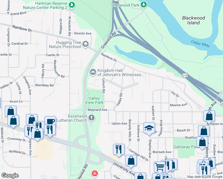 map of restaurants, bars, coffee shops, grocery stores, and more near 1419 Pleasant Valley Drive in Waterloo
