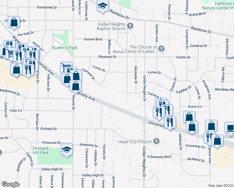map of restaurants, bars, coffee shops, grocery stores, and more near 2522 Terrace Drive in Cedar Falls