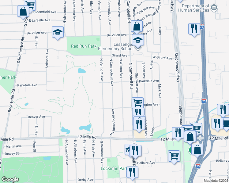 map of restaurants, bars, coffee shops, grocery stores, and more near 2317 North Wilson Avenue in Royal Oak
