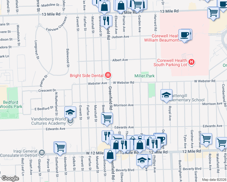 map of restaurants, bars, coffee shops, grocery stores, and more near 4192 Greenfield Road in Berkley