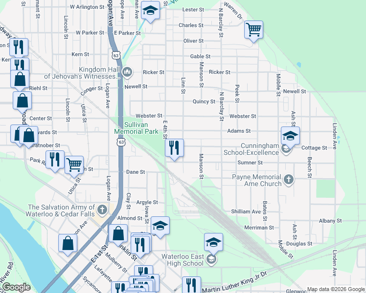 map of restaurants, bars, coffee shops, grocery stores, and more near 300 Linn Street in Waterloo
