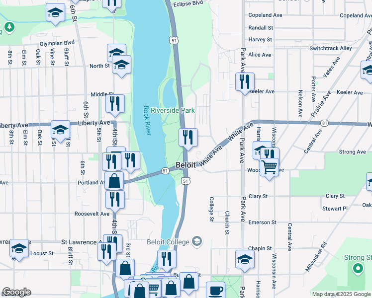 map of restaurants, bars, coffee shops, grocery stores, and more near 1035 South Riverside Drive in Beloit