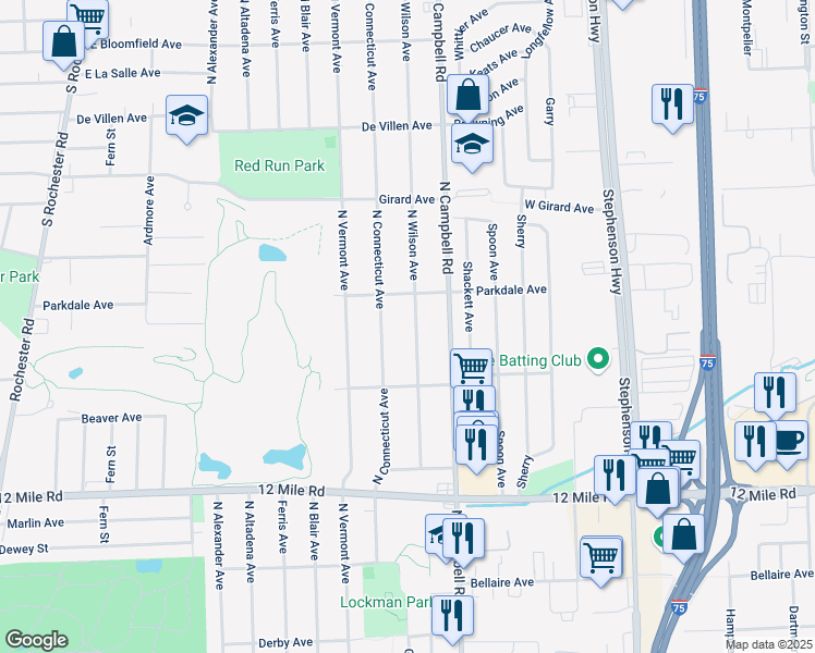 map of restaurants, bars, coffee shops, grocery stores, and more near 2229 North Wilson Avenue in Royal Oak