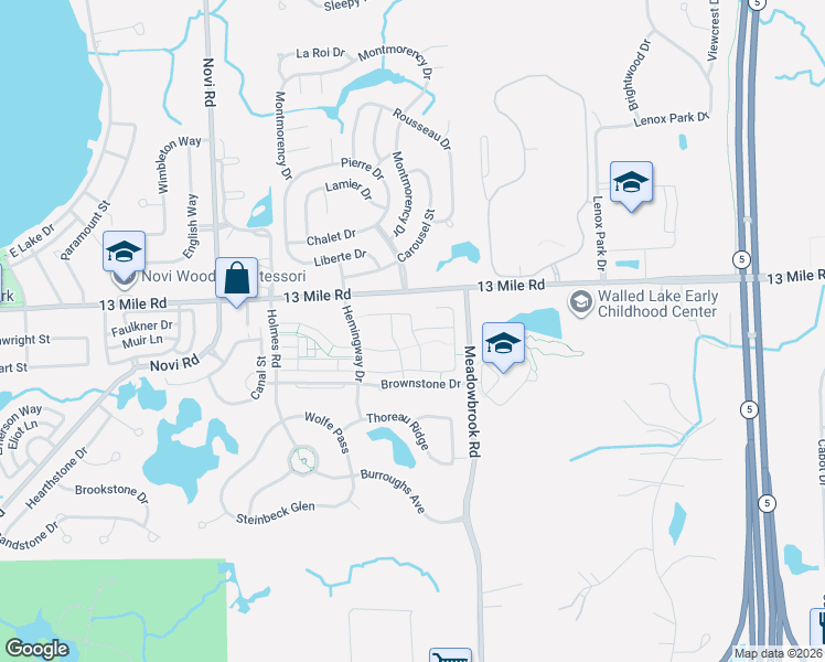 map of restaurants, bars, coffee shops, grocery stores, and more near Weston Drive in Novi