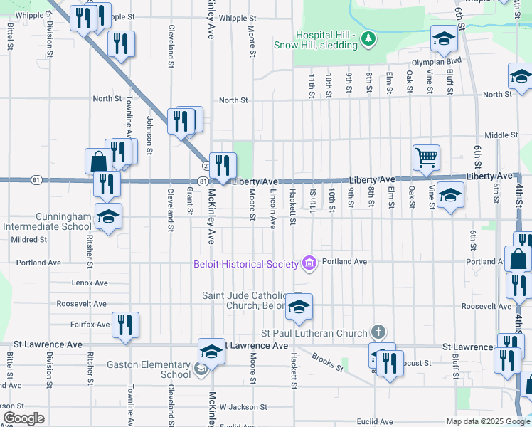 map of restaurants, bars, coffee shops, grocery stores, and more near 1207 Merrill Street in Beloit