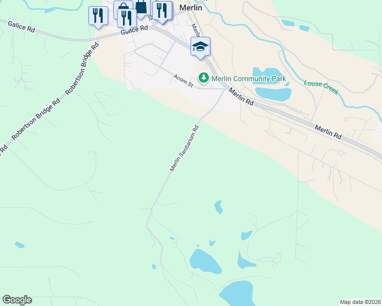 map of restaurants, bars, coffee shops, grocery stores, and more near 605 Merlin Sanitarium Road in Merlin