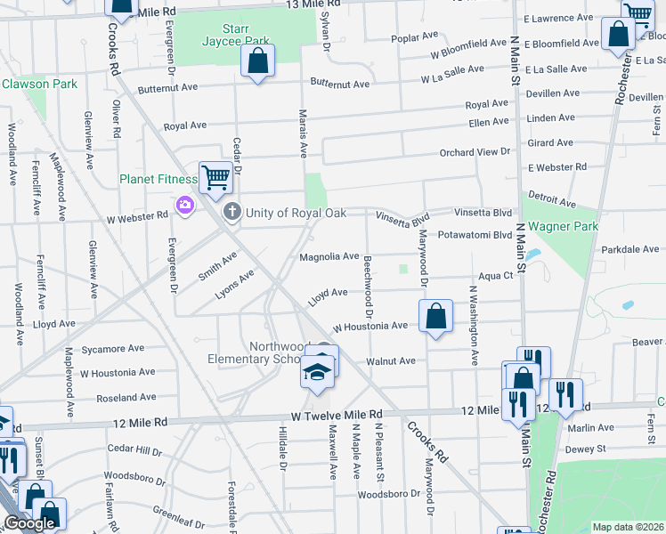 map of restaurants, bars, coffee shops, grocery stores, and more near 802 Magnolia Avenue in Royal Oak
