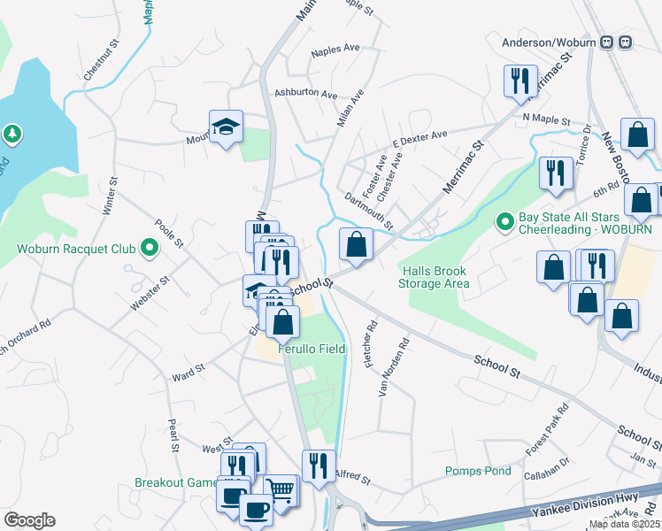 map of restaurants, bars, coffee shops, grocery stores, and more near 6 Charles O'Neill Drive in Woburn