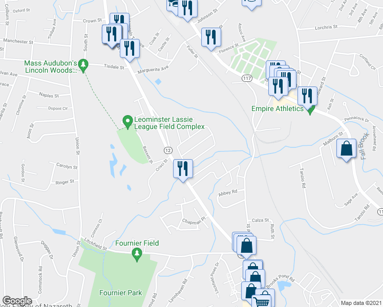 map of restaurants, bars, coffee shops, grocery stores, and more near 556 Central Street in Leominster