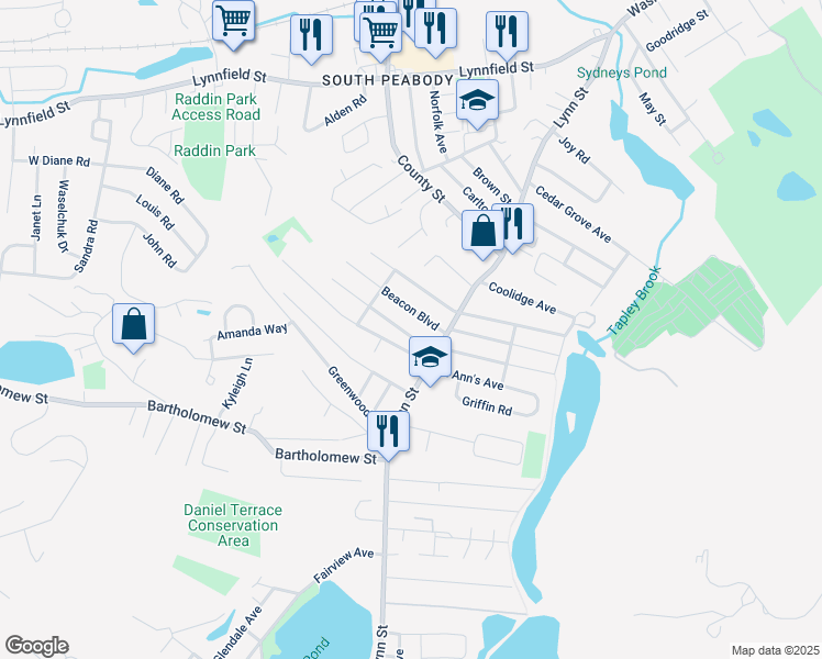 map of restaurants, bars, coffee shops, grocery stores, and more near 20 Beacon Boulevard in Peabody