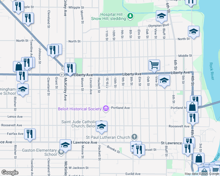 map of restaurants, bars, coffee shops, grocery stores, and more near 1028 11th Street in Beloit