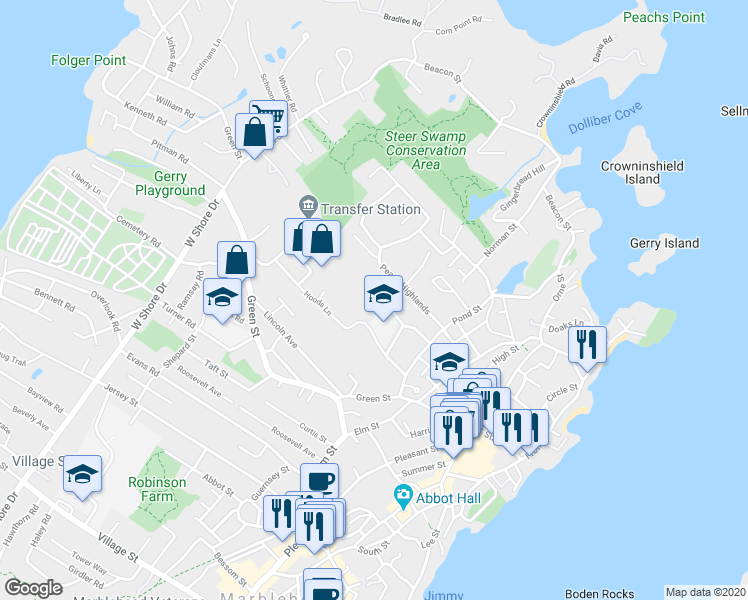 map of restaurants, bars, coffee shops, grocery stores, and more near 1 Intrepid Circle in Marblehead