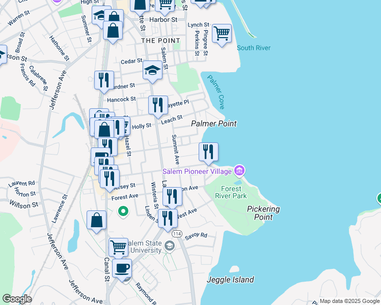 map of restaurants, bars, coffee shops, grocery stores, and more near 21 Willow Avenue in Salem