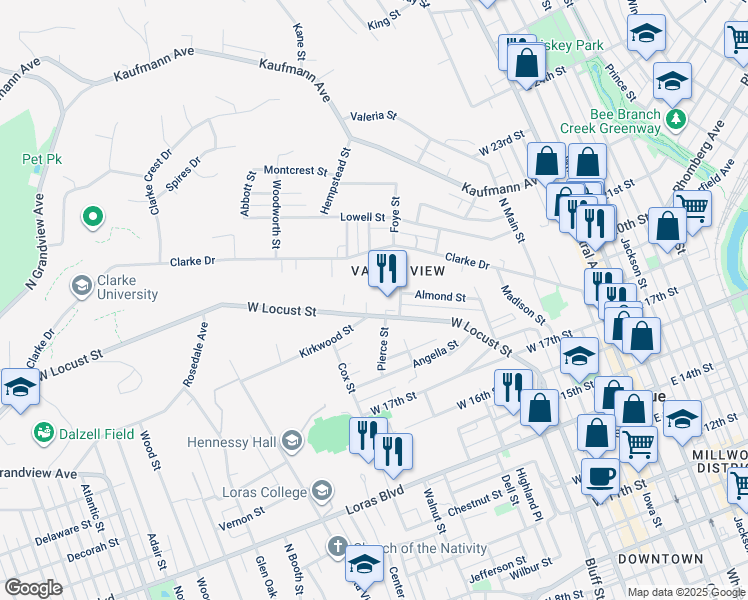 map of restaurants, bars, coffee shops, grocery stores, and more near 621 Merchants in Dubuque