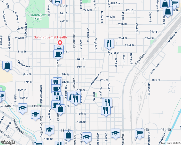 map of restaurants, bars, coffee shops, grocery stores, and more near 872-898 19th St in Sioux City