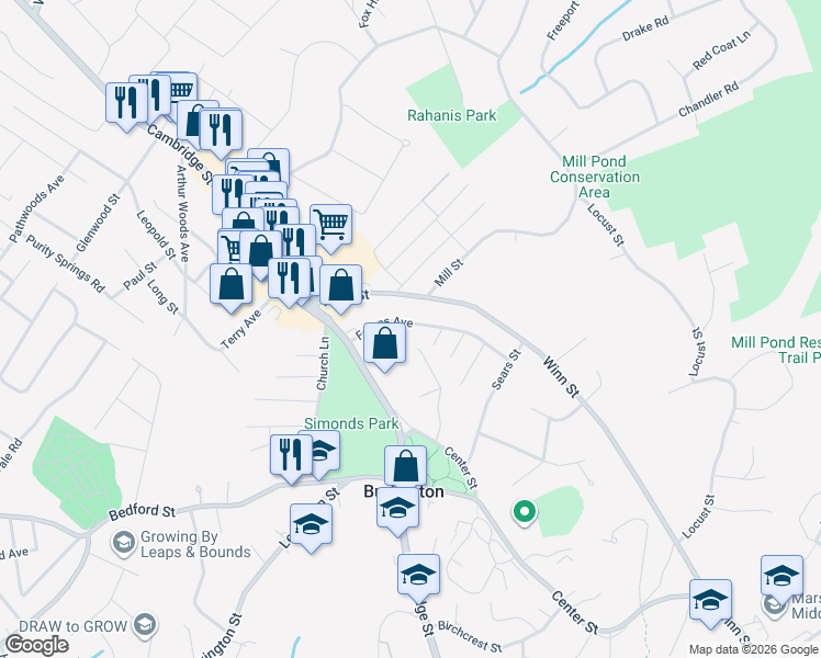 map of restaurants, bars, coffee shops, grocery stores, and more near 11 Forbes Avenue in Burlington