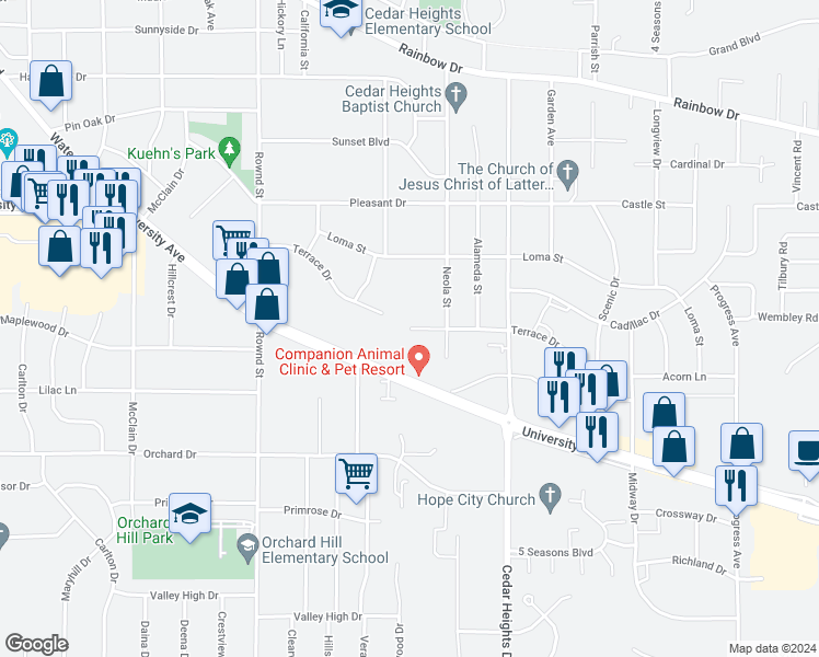 map of restaurants, bars, coffee shops, grocery stores, and more near 2600 Terrace Drive in Cedar Falls